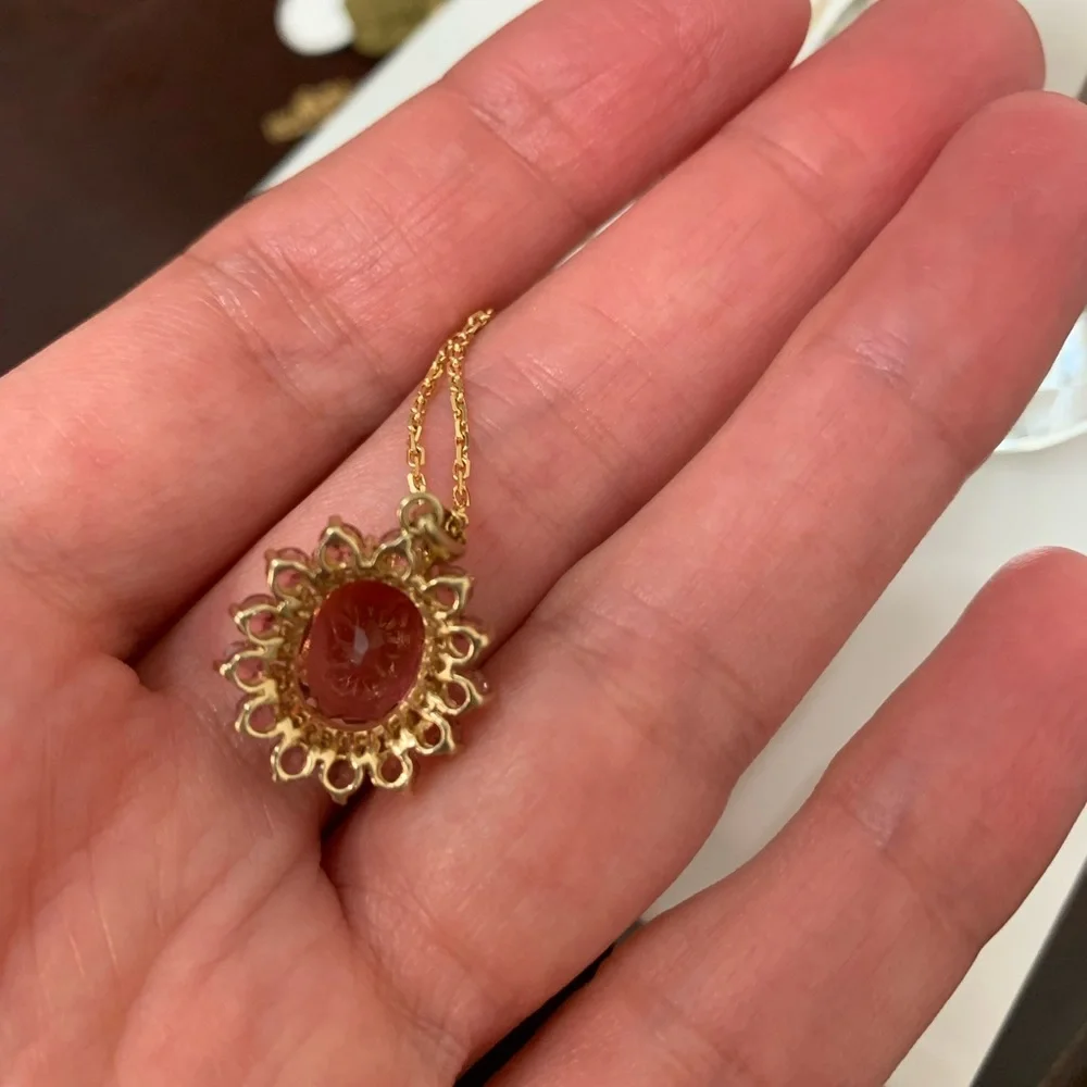 Pink Tourmaline & Diamond 14K YG SUNBURST Pendant w/ 18” Chain - Picture 7 of 10